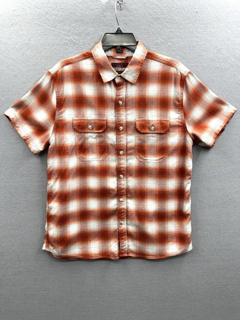 Alesbury Twill Shirt Mens Size M Short Sleeve Orange Sunset Plaid Pockets
